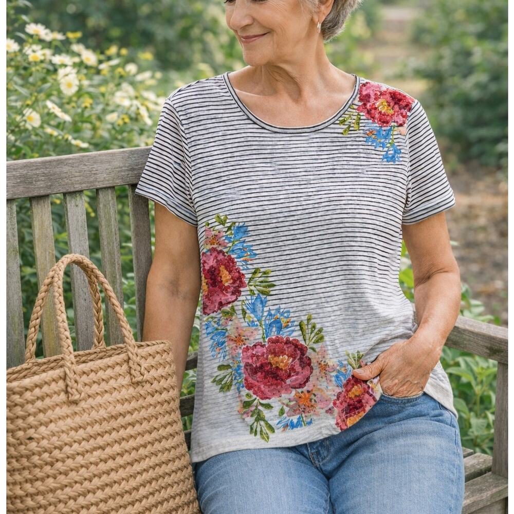 Life Styles Petites Large Women’s Top Striped Floral Tee Short Sleeve Casual